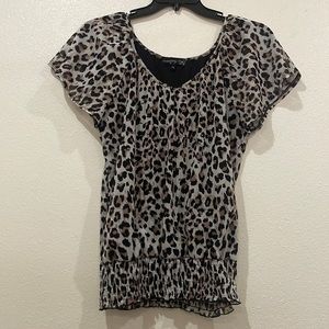 Beige, Coffee and Black leopard blouse, butterfly wing sleeves.small round metal